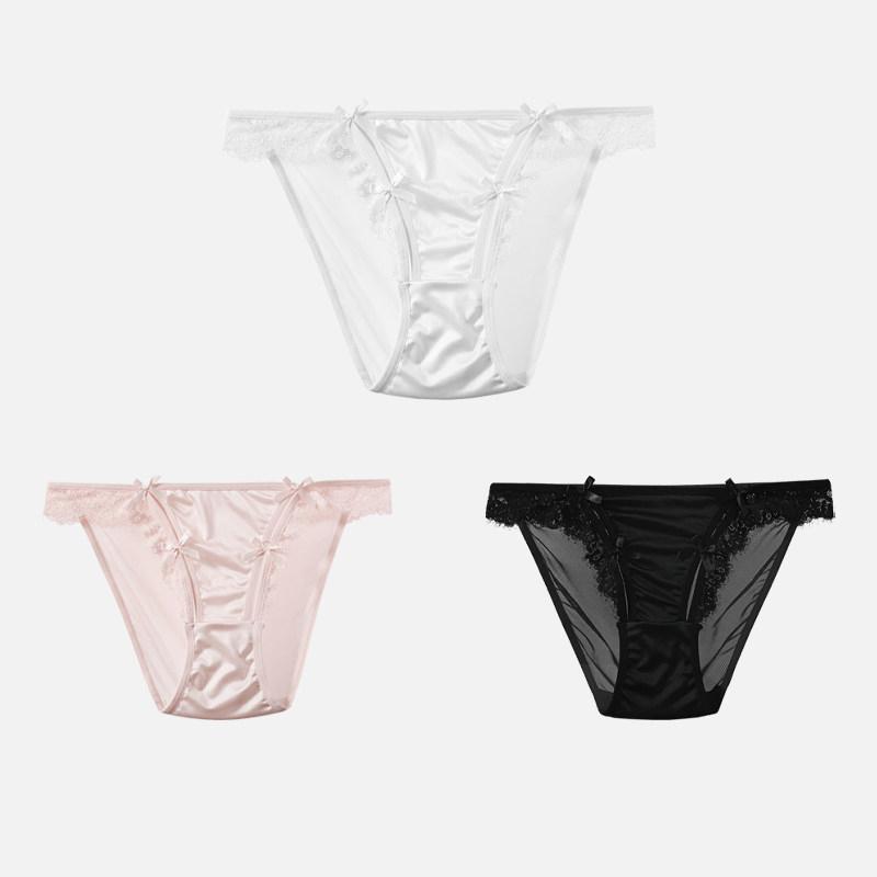 CINOON 3Pcs/Lot Women's Satin Sexy Briefs Lace‑Trim Mesh Spliced Panties Bow‑decor Solid‑Color Hollow‑out Bikini Briefs