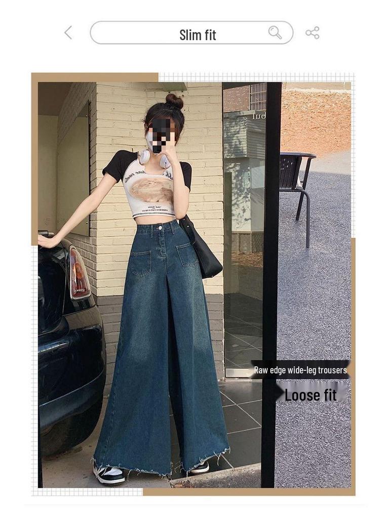 2024 Retro High Waist Wide Leg Denim Skirt with Frayed Edges for Spring & Autumn