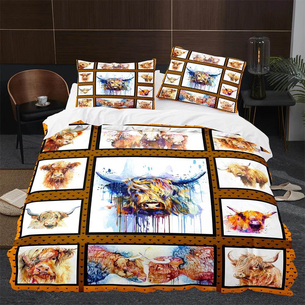 Highland Cow Duvet Cover King Queen Cattle Bedding Set Farmhouse Animal Quilt Cover Western Funny Bull Polyester Comforter Cover