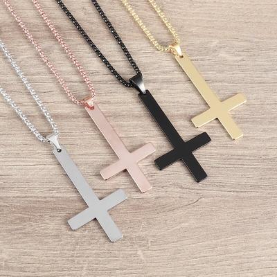 Simple Inverted Cross Necklace Pendant Stainless Steel Charm Chain Evil Satan Symbol Power Jewelry Men and Women