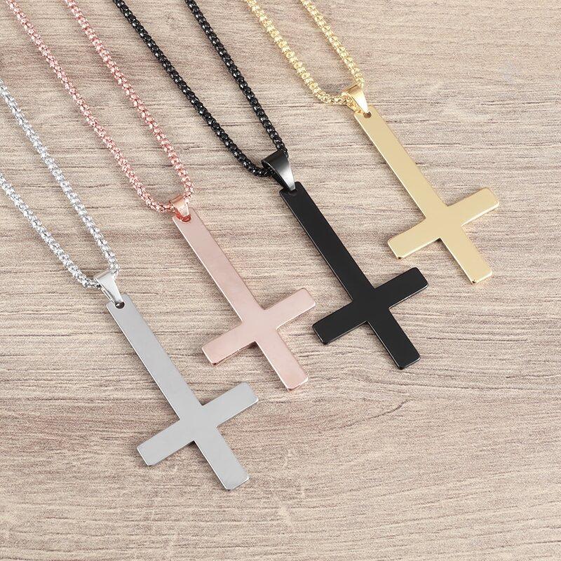 

Simple Inverted Cross Necklace Pendant Stainless Steel Charm Chain Evil Satan Symbol Power Jewelry Men and Women