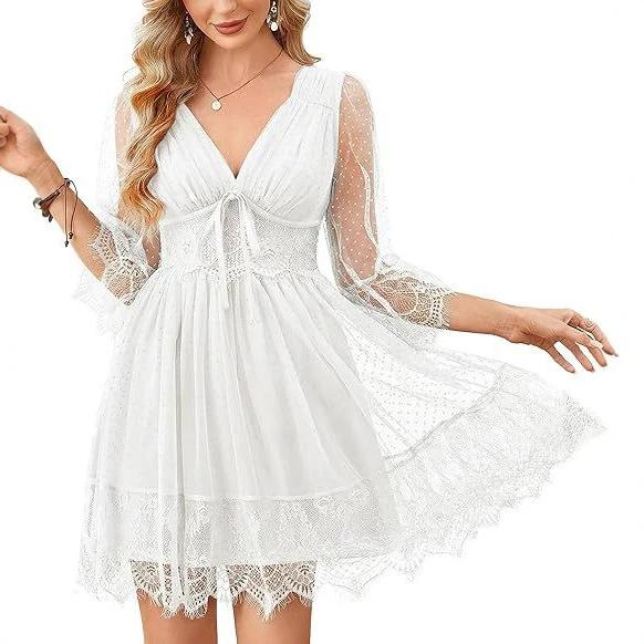 2026 summer lace premium temperament loose lazy splicing deep V-neck pleated dress