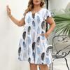 Plus Size Summer Beach Dress Loose V Neck Tunic A Line Ruffle Short Sleeve Comfortable Large Hem Dress For Women