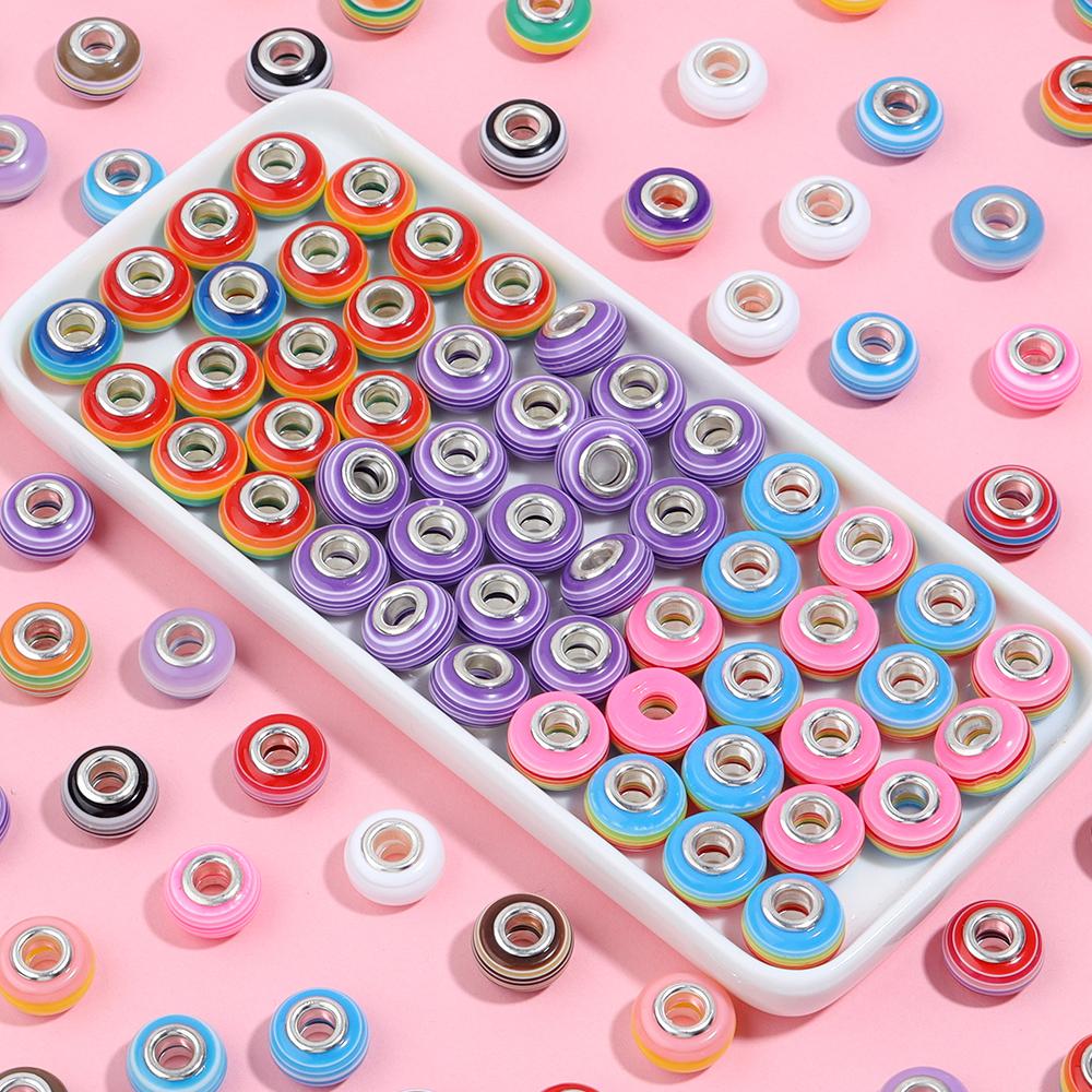 20pcs 14x8.5mm Resin Beads Rainbow Stripe Flat Round Big Hole Loose Beads For Jewelry Making DIY Bracelets Necklace Accessories