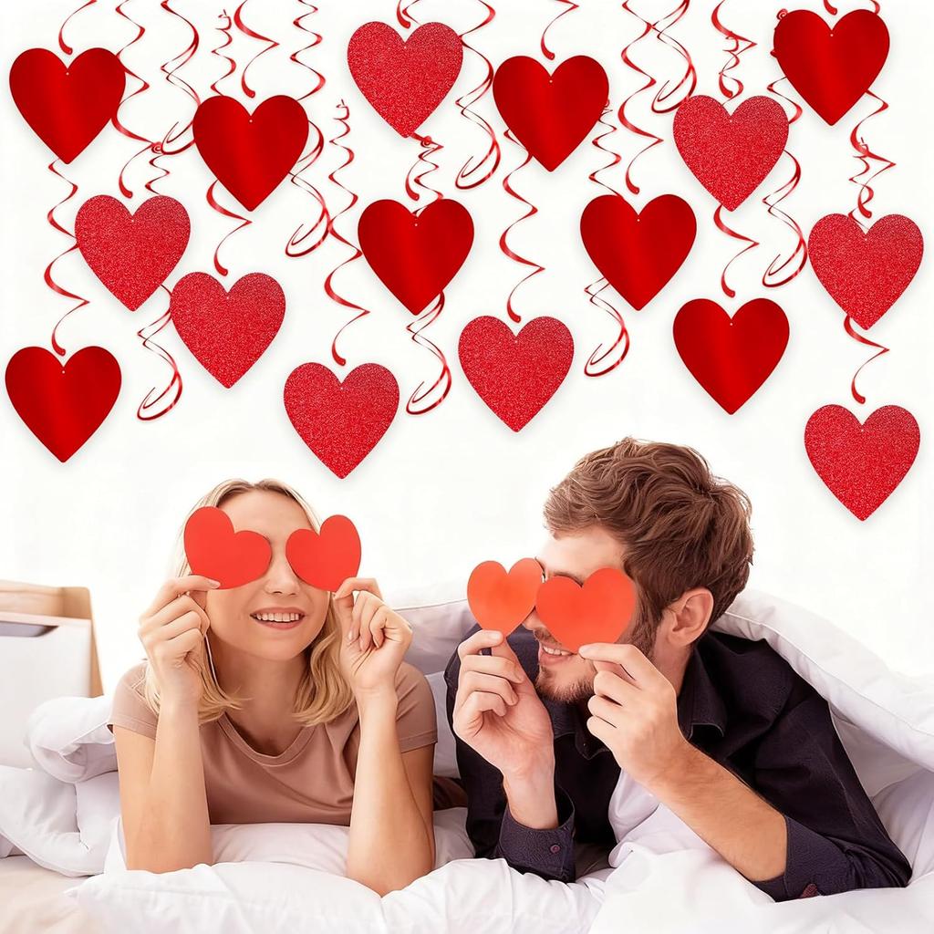Glitter Red Hanging Heart Swirls Decorations, 40Pcs Valentine's Day Love Heart Streamers Ceiling Hanging Swirls for Romantic Galentines Anniversary