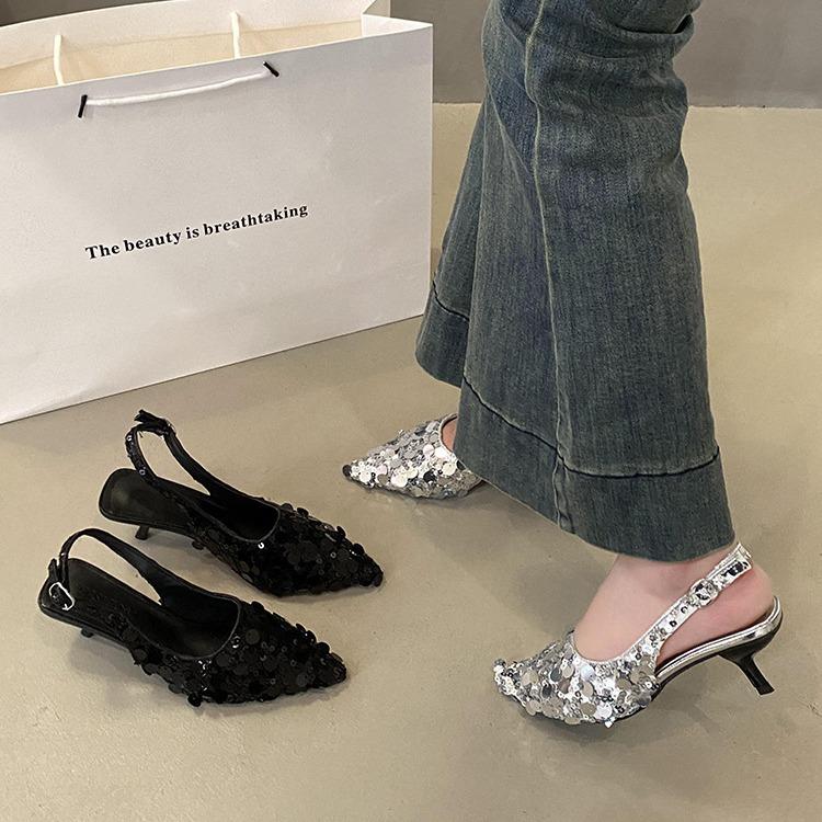 French Niche High Heels Silver Bag Head Sandals Shoes New Spring and Summer Pointed Single Shoes Summer New
