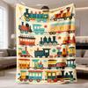 Cartoon Colorful Vintage Train Star Repeat Print Cream Base Flannel Throw Blanket, Soft Warm Sofa Cover, Kids Bedroom Gift