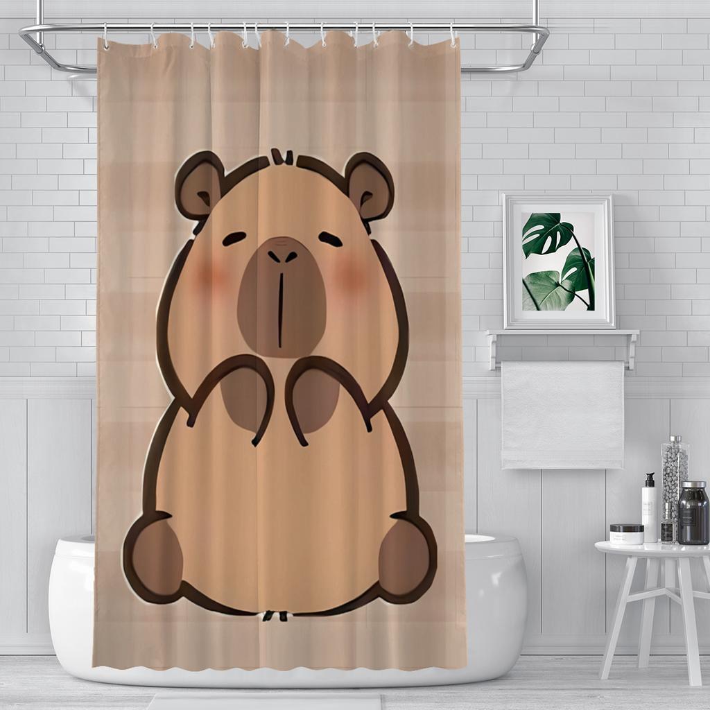 Capybara Shower Curtain – Cute Cartoon Animal, Kawaii Style With Plaid Background, Polyester, Includes Hooks
