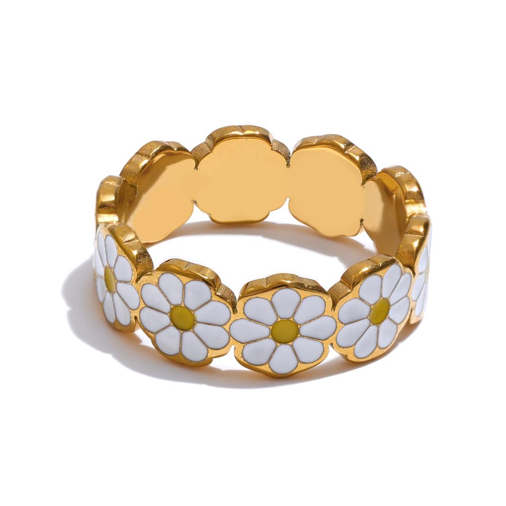 

Yhpup 6789# New White Enamel Daisy Flower Golden PVD Stylish Ring for Women Girl Stainless Steel Exclusive Fashion Daily Jewelry 9