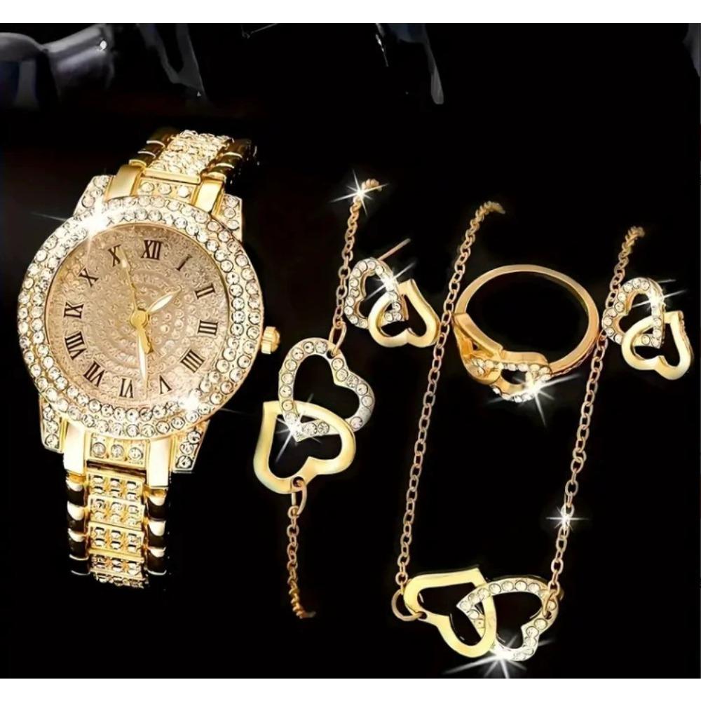 Full Diamond Roman Literal Steel Belt Women's Watch Gypsy Temperament Business Quartz Watch Women's Watch Jewelry Set