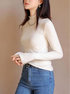 Women's Cashmere Velvet Brushed Slim Fit Long Sleeve High Neck Base Layer Top for Autumn/Winter