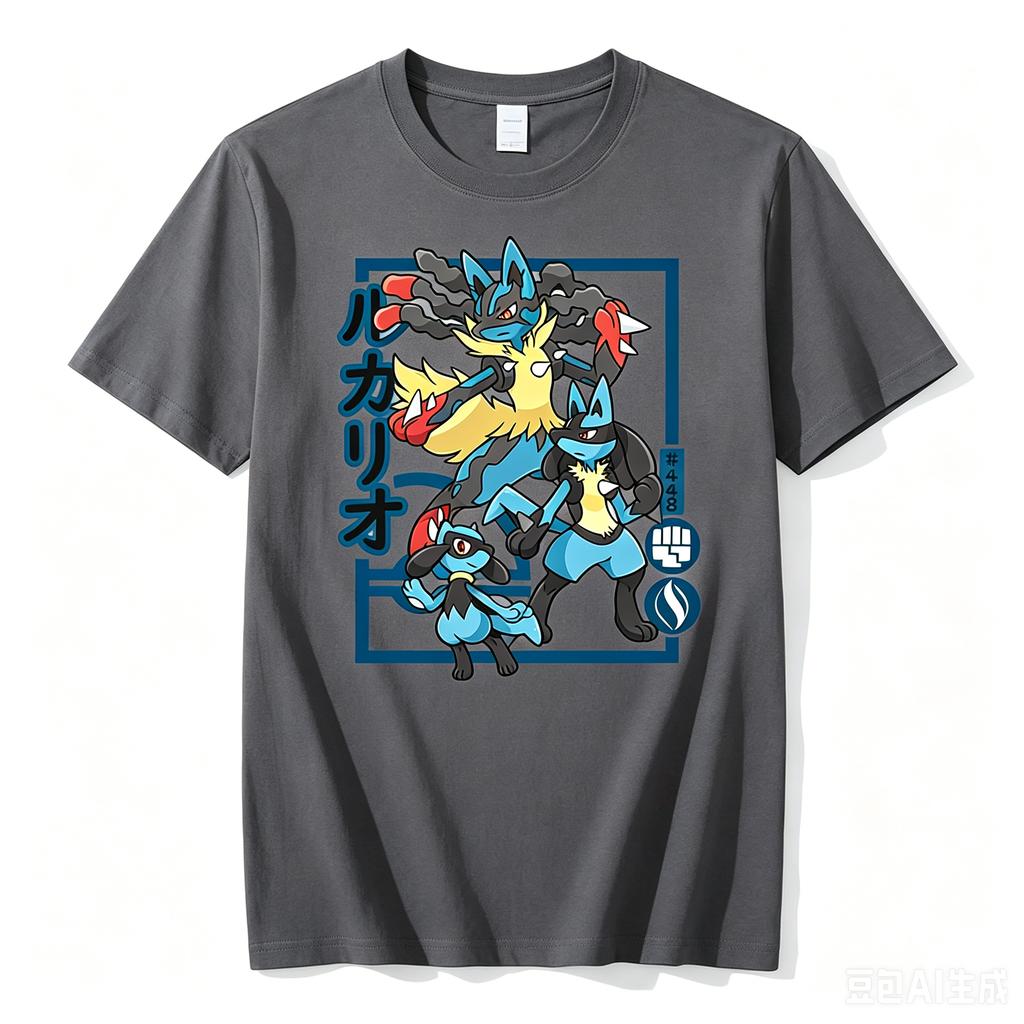 Pokmon Riolu Evolution Printed Pure Cotton Tshirt For Unisex And Unisex Springsummer New Collection Fashion Short Sleeved Shirt