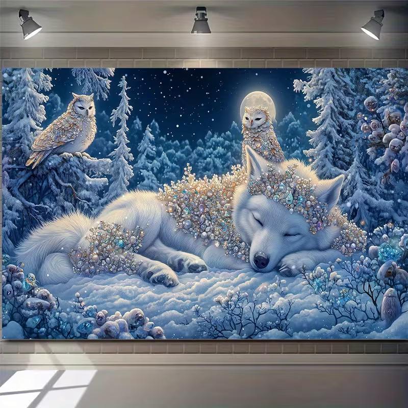 2D Winter Moon Wolf Backdrop Crystal Owl Snowy Forest Photography Background