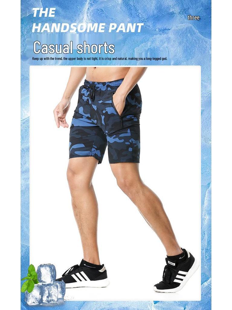 Men's Slim-Fit Camouflage Breathable Summer Fitness Shorts with Zipper Pockets, Mid-Length, Multi-Color Print