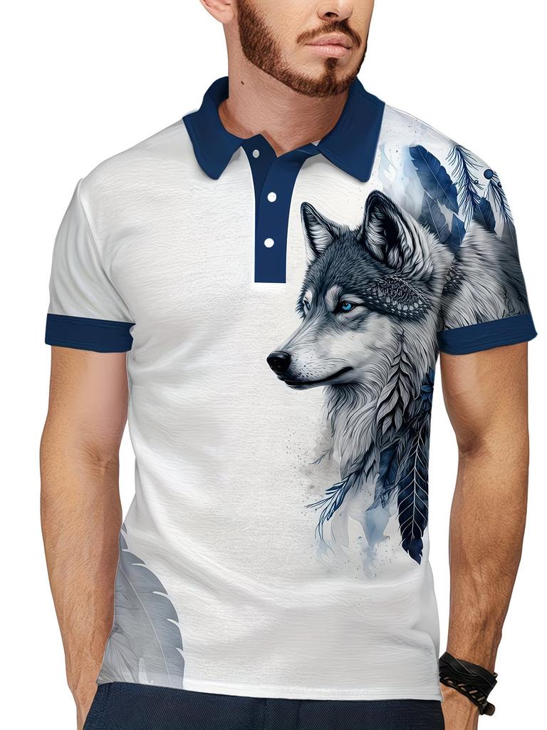 Trendy Rose Print Short Sleeve Polo Shirt, Casual Fashion Top For Men