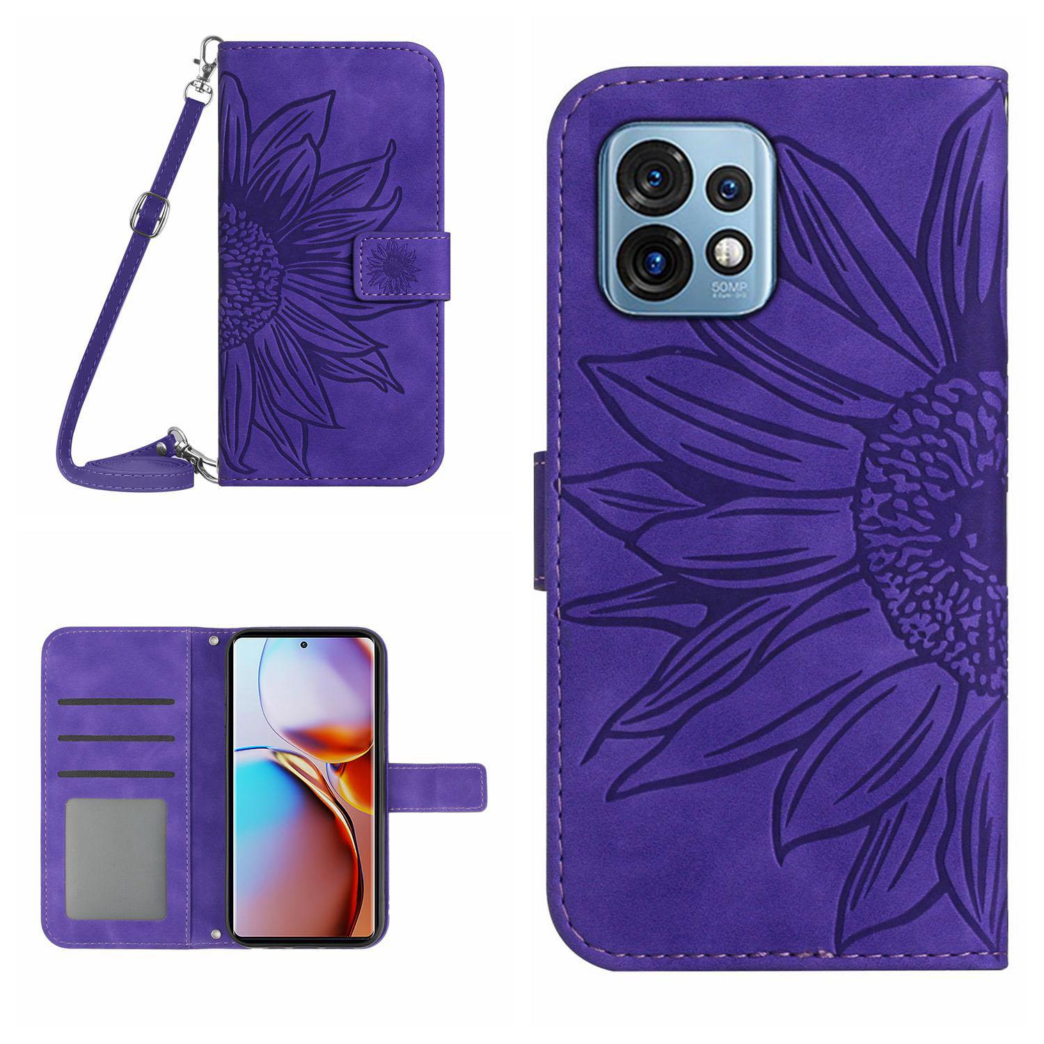 

HT04 Flip Cover for Motorola Edge+ (2023)/Edge 40 Pro 5G/Moto X40 5G Drop Proof Sunflower Imprinted Stand Wallet PU Leather Case with Shoulder Strap Dark Purple