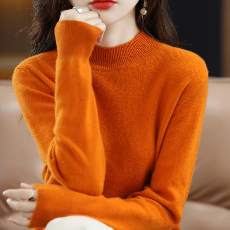 Half High Neck Fashionable Versatile Knitted Sweater for Women, Autumn and Winter Short Style Pullover, Solid Color Loose Sweater Base