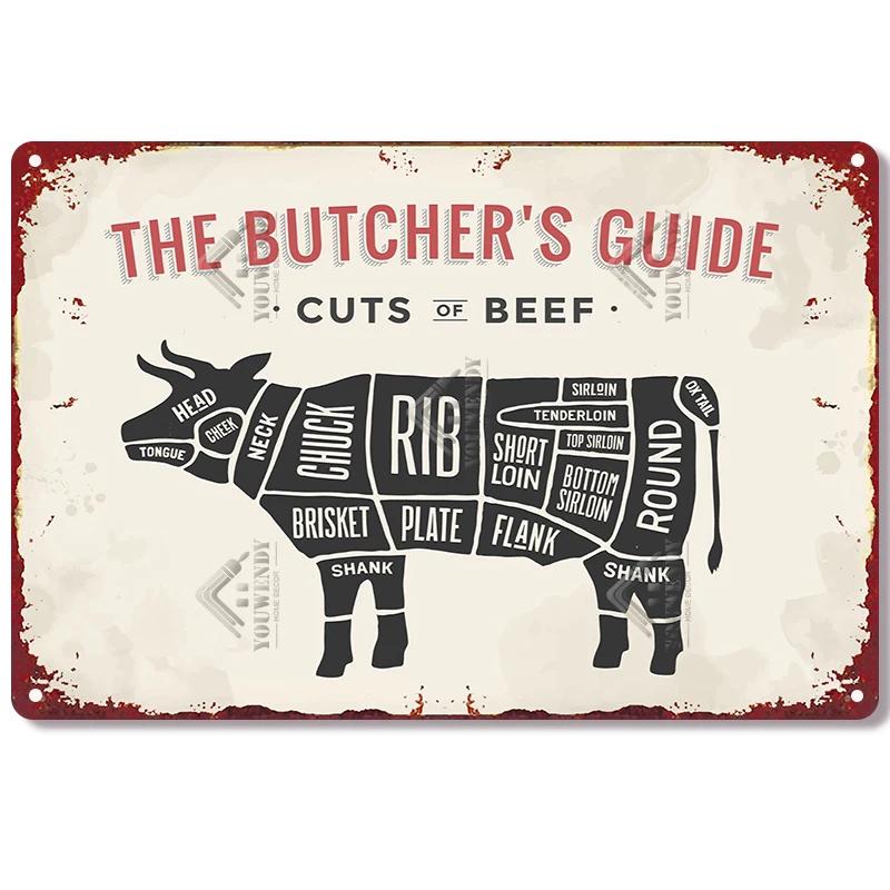 The Butcher's Guide Vintage Metal Signs, Kitchen Poster Cuts of Beef, Pork, Duck, Fish, Shop Wall Decor, Tin Sign, 20x30cm