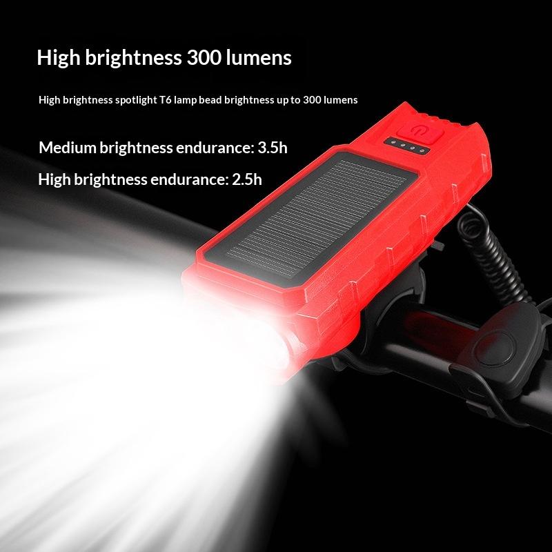 USB-wiederaufladbare Solar-Fahrradbeleuchtung mit Leistungsanzeige Berg-Rennrad-Frontleuchte Integriertes Horn Taschenlampe für Radfahren