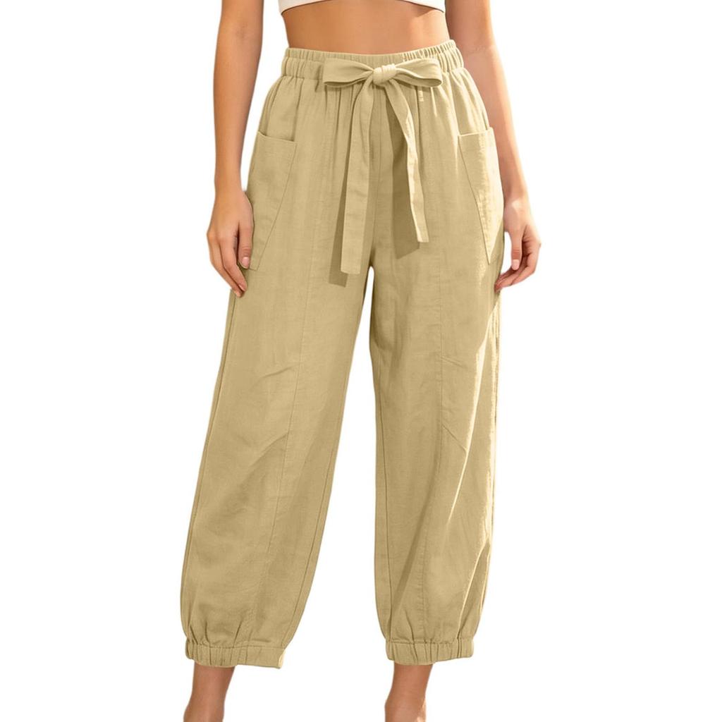 Women's Casual Elastic Waist Drawstring Pants with Pockets Lightweight Loose Fit Lounge Trousers for Everyday Wear