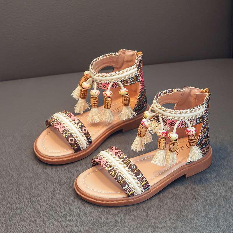 Children's Roman shoes Girls' sandals Summer 2025 New middle-aged and older children's Korean version soft-soled ethnic style retro princess shoes