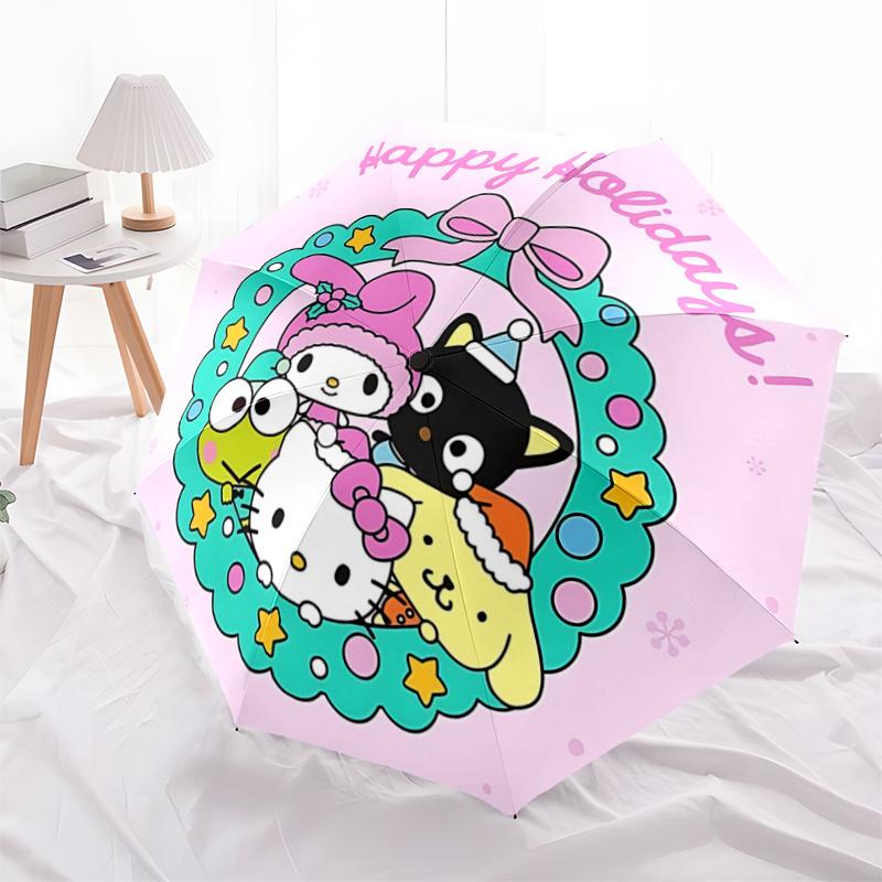 

1pc Hello Kitty & Friends Holiday Wreath Automatic Opening Umbrella - Portable Folding Design, 8-Rib Iron Frame Outdoor Umbrella, Festive Gift for Fan