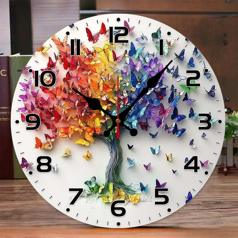 Butterfly Tree Wooden Round Silent Hanging Wall Clock, Suitable For Living Room, Office, Study Room, Bedroom, Home Decoration