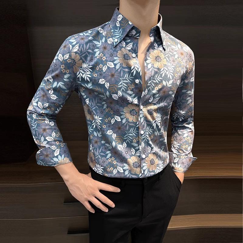 Men's Floral Print Long Sleeve Button Up Shirt Casual Slim Fit Fashion Top for Daily Wear