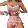 Dame Sexet 2-delt Pyjamasæt Ribbet Blonderkant Knap Cami Top Flæsekant Shorts Nattøjssæt Sommer Afslappet Loungewear