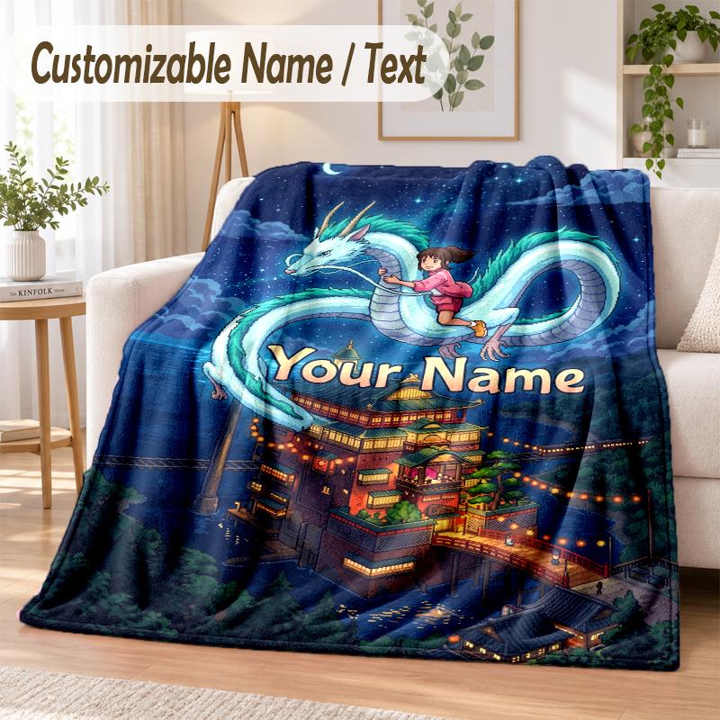 Spirited Away Custom Name Flannel Throw Blanket Soft Warm for Sofa Bed Indoor Home Use