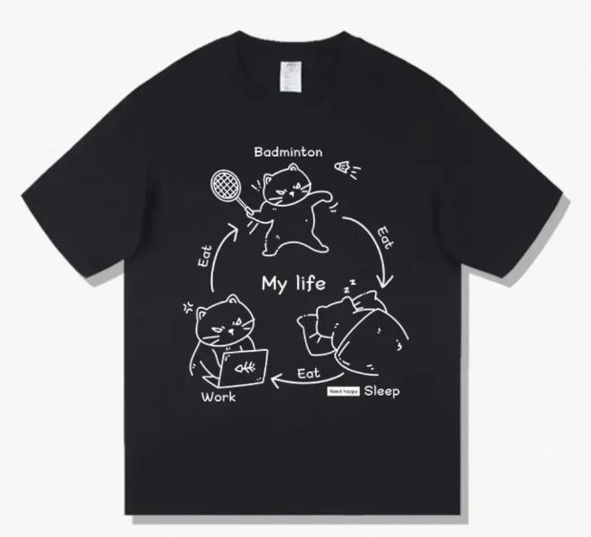 

Badminton Cat Three Points and One Line Fun Pattern Shortsleeved Tshirt Loose and Versatile Summer Tshirt S