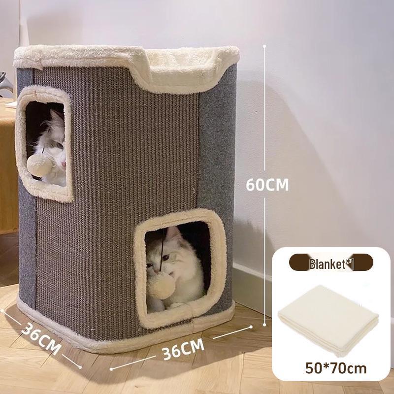 Compact Cat Tree & Bed with Enclosed Two-Layer Design, Scratching Board, Sisal Barrel - All-Season