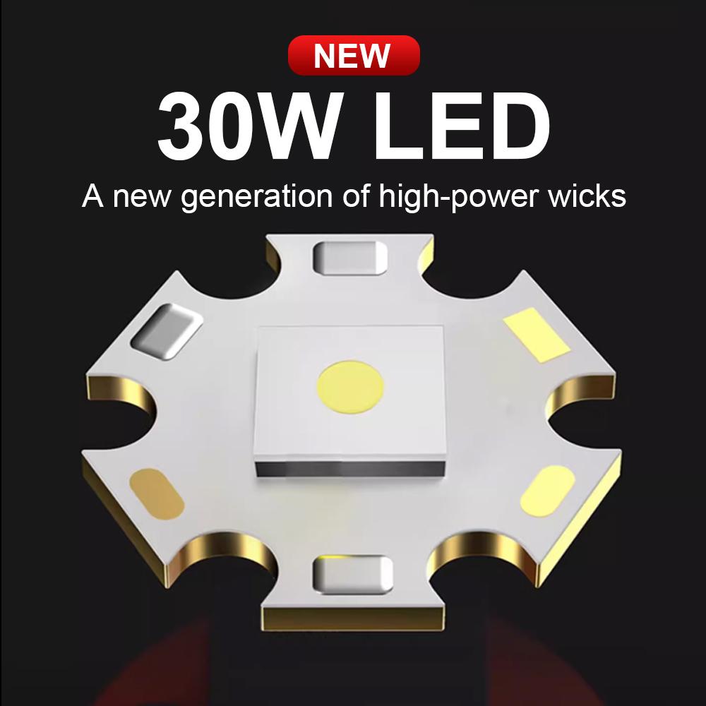 Powerful 30W LED Flashlight Super Bright Lantern Rechargeable Flashlights Waterproof Torch Strong Light Outdoor Camping Hiking Lights