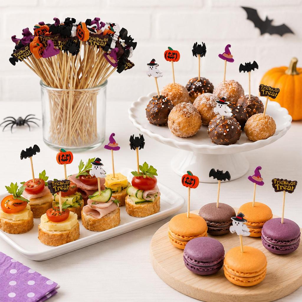 Halloween Wooden Picks Pumpkin Ghost Bat Fruit Toothpicks for Halloween Party Cupcake Dessert Food Table DIY Decoration Supplies