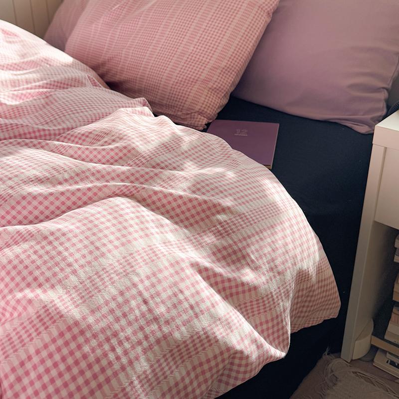 Korean Pink Grid Bedding Sets For Girls  New Flat Sheet Duvet Cover Set Pillowcase Bed Linen Queen Full Size Quilt Cover