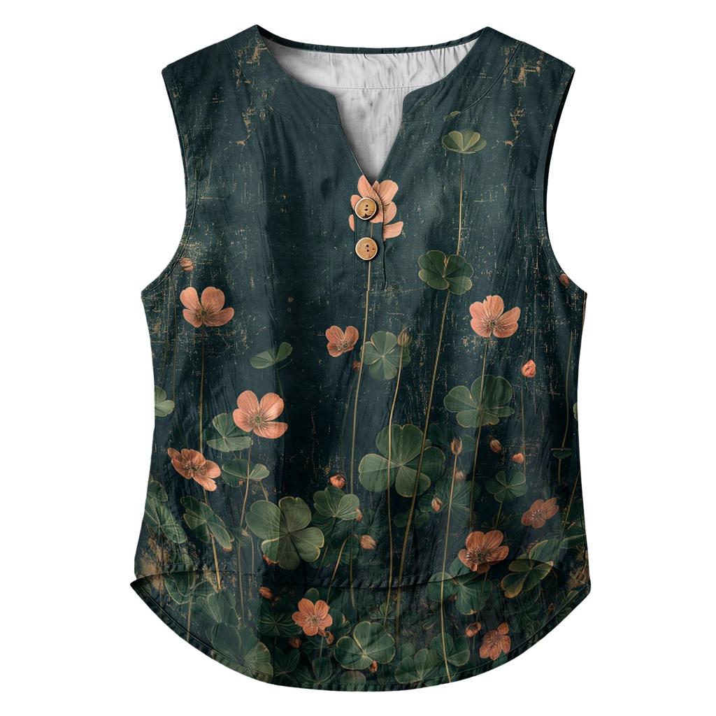 Women's Casual, Loose-Fitting, Printed, Sleeveless Linen Blouse