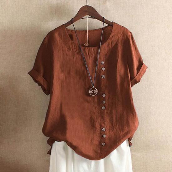 Summer Women T Shirt Loose Fit Round Neck Short Sleeve Solid Color Pullover Top Buttons Decor Daily Wear Tee