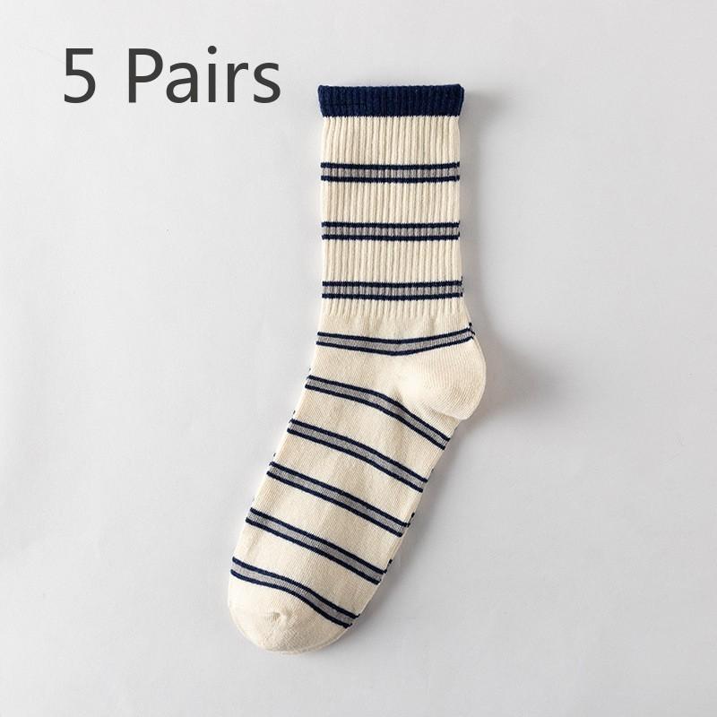 5 Pairs of Men's and Women's Spring Fashion Solid Color Sports Striped Mid Tube Cotton Socks