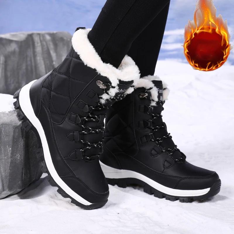 

2025 Новые женские зимние ботинки Теплая подкладка из искусственного меха Нескользящие Зимние ботинки для активного отдыха и пеших прогулок Модная водонепроницаемая обувь для холодной погоды 36 чёрный