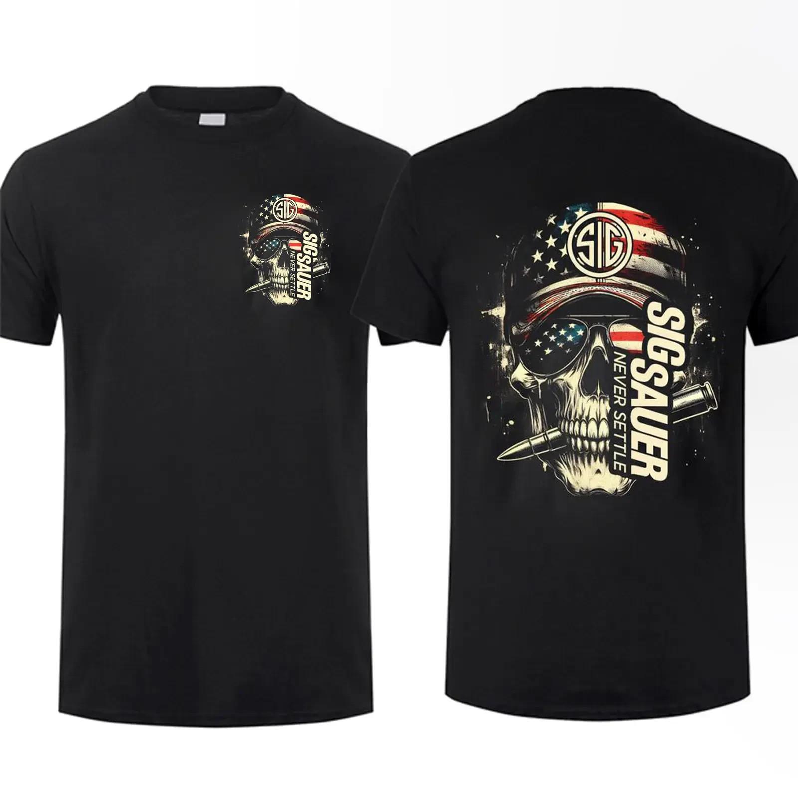 Sig Sauer American Skull Flag 2 Sided T-Shirt, Unisex Short Sleeve Casual XXXL