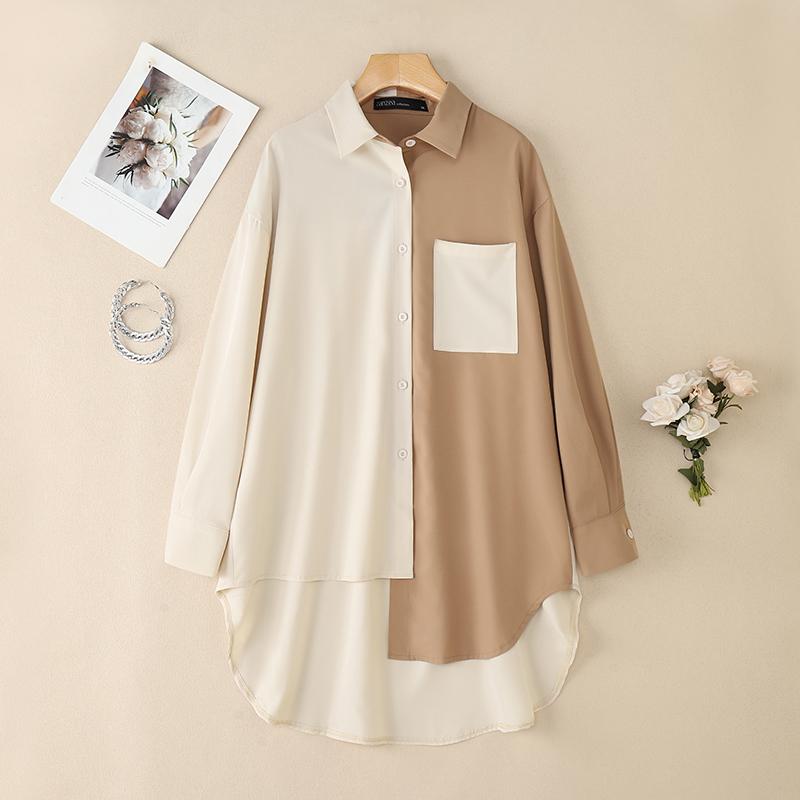 

ZANZEA Женская повседневная блузка с отложным воротником, длинными рукавами, пэчворком и асимметричным низом S