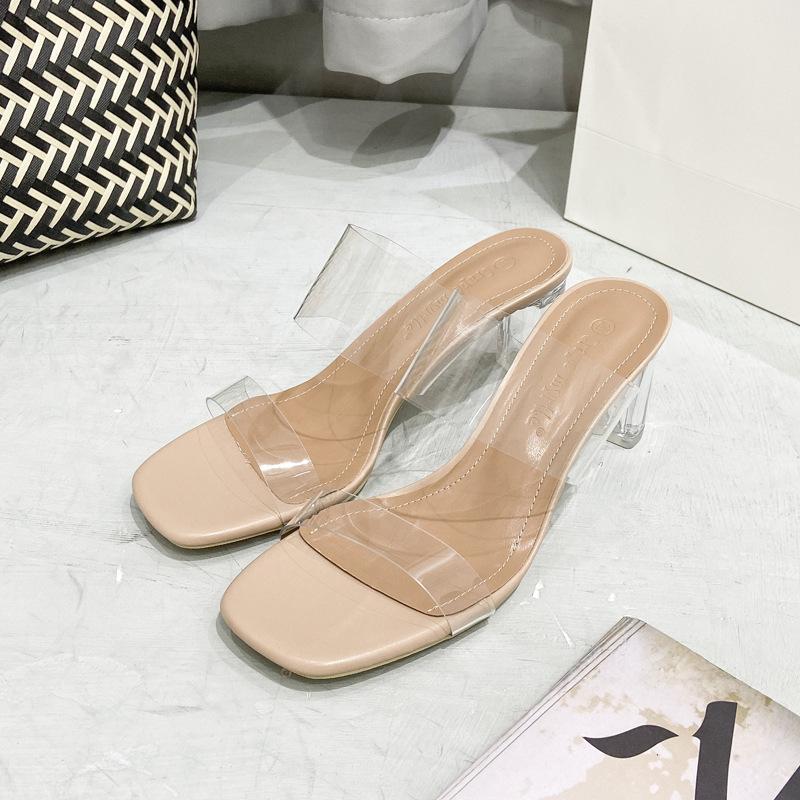One-word high-heeled women's sandals, new thick-heeled transparent medium-heeled crystal cool slippers in summer 2025, thick-heeled heel increased