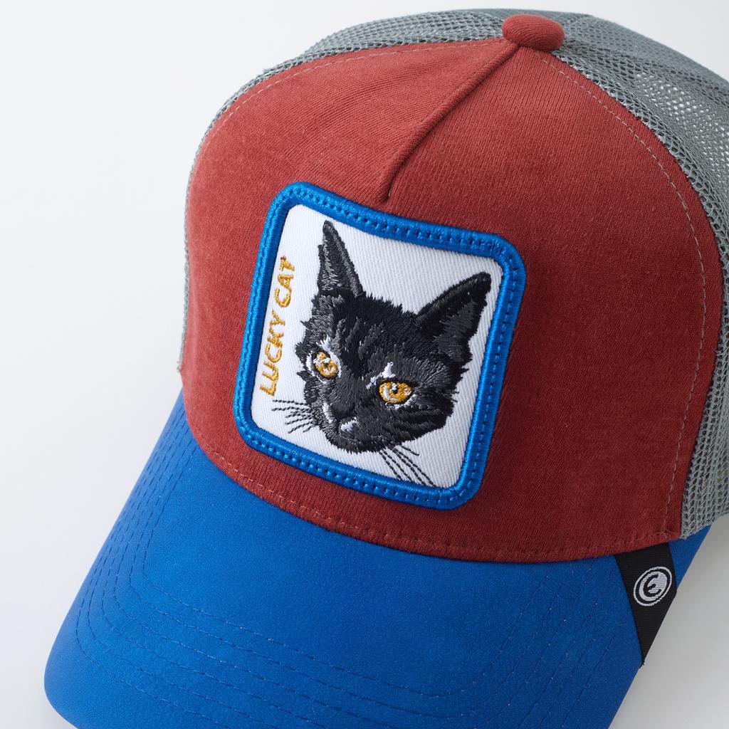 1PC Mesh Trucker Hat, Breathable, Embroidered Lucky Cat Patch, Color Block Streetwear