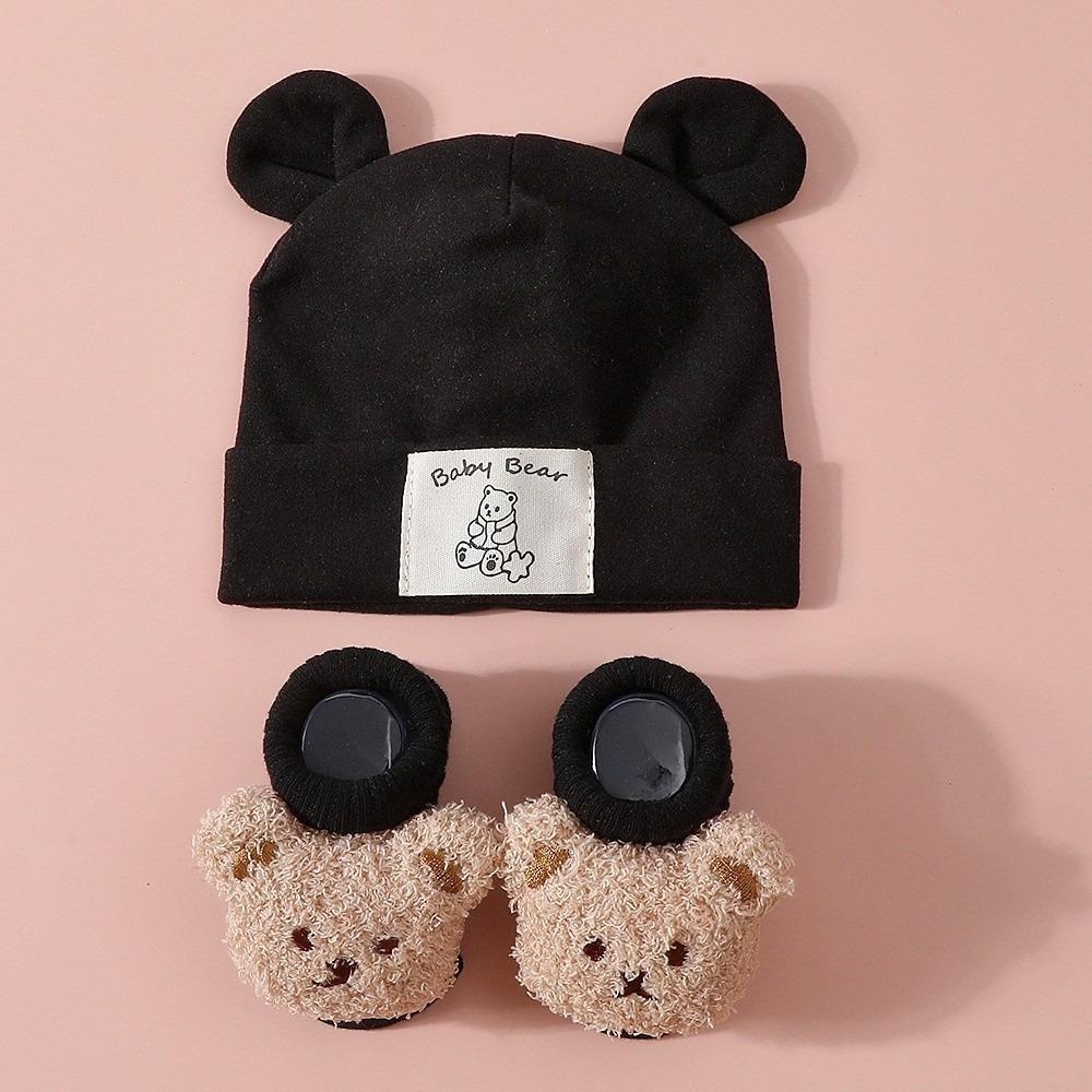 2Pcs/Set Warm Bear Ear Beanie Cotton Infant Cap Socks Cute Baby Turban Socks  Autumn Winter