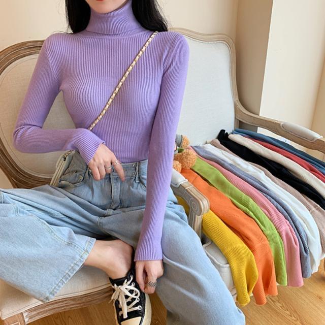 Casual Solid Basic Knitted Blouse Women Elegant Turtleneck Long Sleeve Tunic Auturm Bottoming Pullover Tops  new
