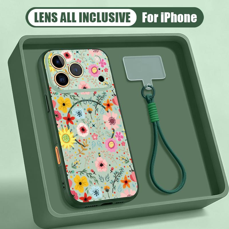 White Flower Pattern Hand Strap Case For iPhone 17 Pro Max iPhone 16 15 14 13 Pro Max Magnetic For Magsafe Hybrid TPU+PC Matte Cover