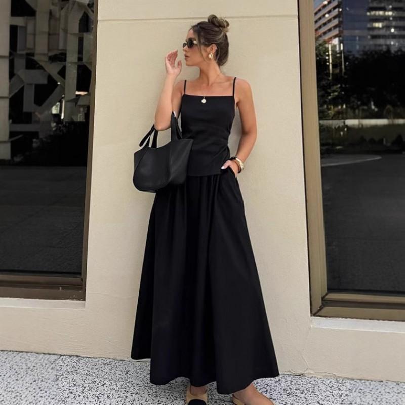 Womens French Style Black Cami Dress Set Cotton High Waist Long Skirt 2 Piece Outfit