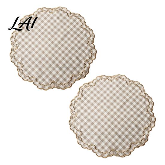 Heat Proof Mats for Dining 2Pcs Round Plaid Fabric Placemats Scalloped Tableware Coasters Resistant Plate Washable Place Table Tea Party