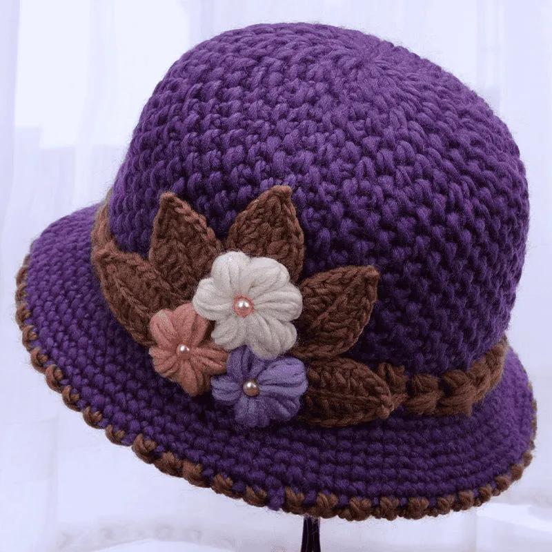 WTEMPO Mom's Cold-proof Windproof Outdoor Knitted Hats with Flowers Women's Solid Color Warm Winter Soft Woolen Hats