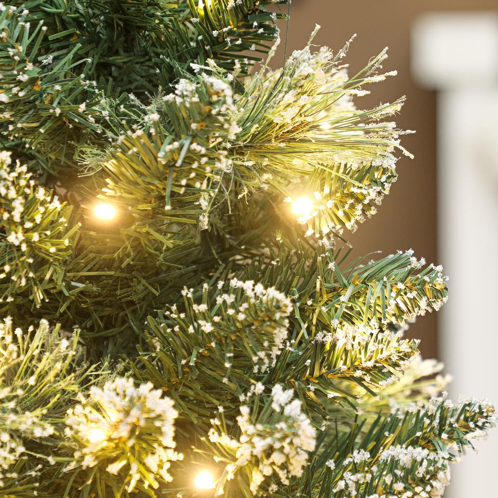 60 cm Prelit Small Christmas Tree, Snow Flocked Tabletop Mini Xmas Tree with 35 LED Lights, Pine Cones and Linen Cover Base, Battery Operated, Green